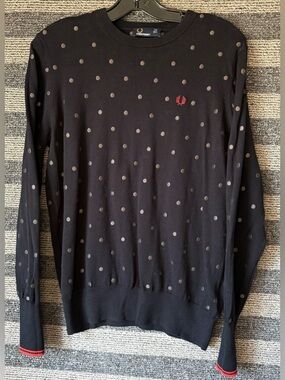 Fred Perry Black Crewneck Light Sweater with Gray Polka Dots & Red Laurel Medium